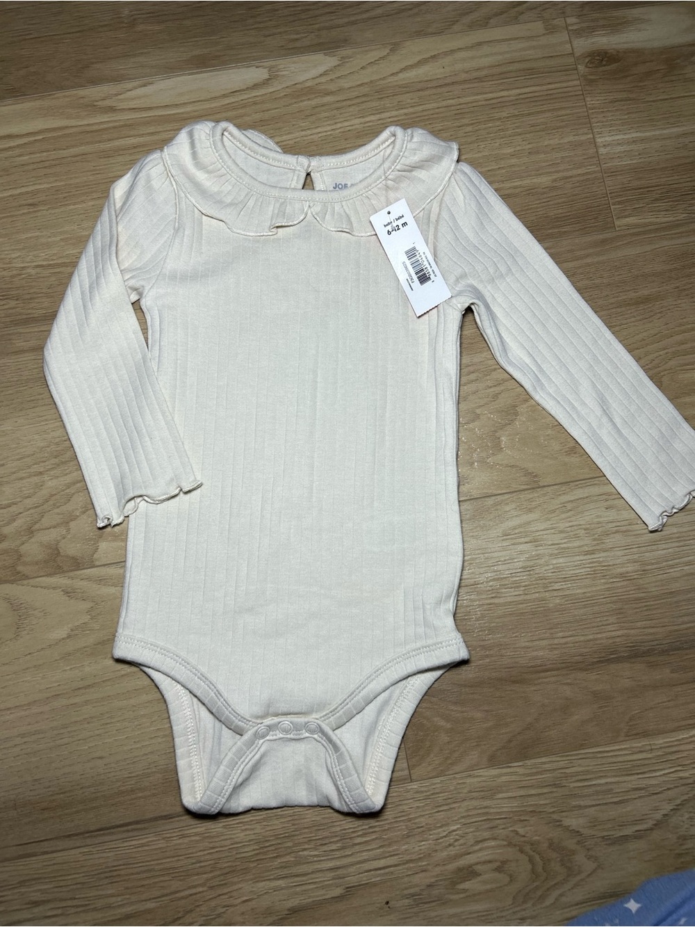 Joe Fresh Cream Ribbed Long-Sleeve Baby One-Piece with Ruffle Collar